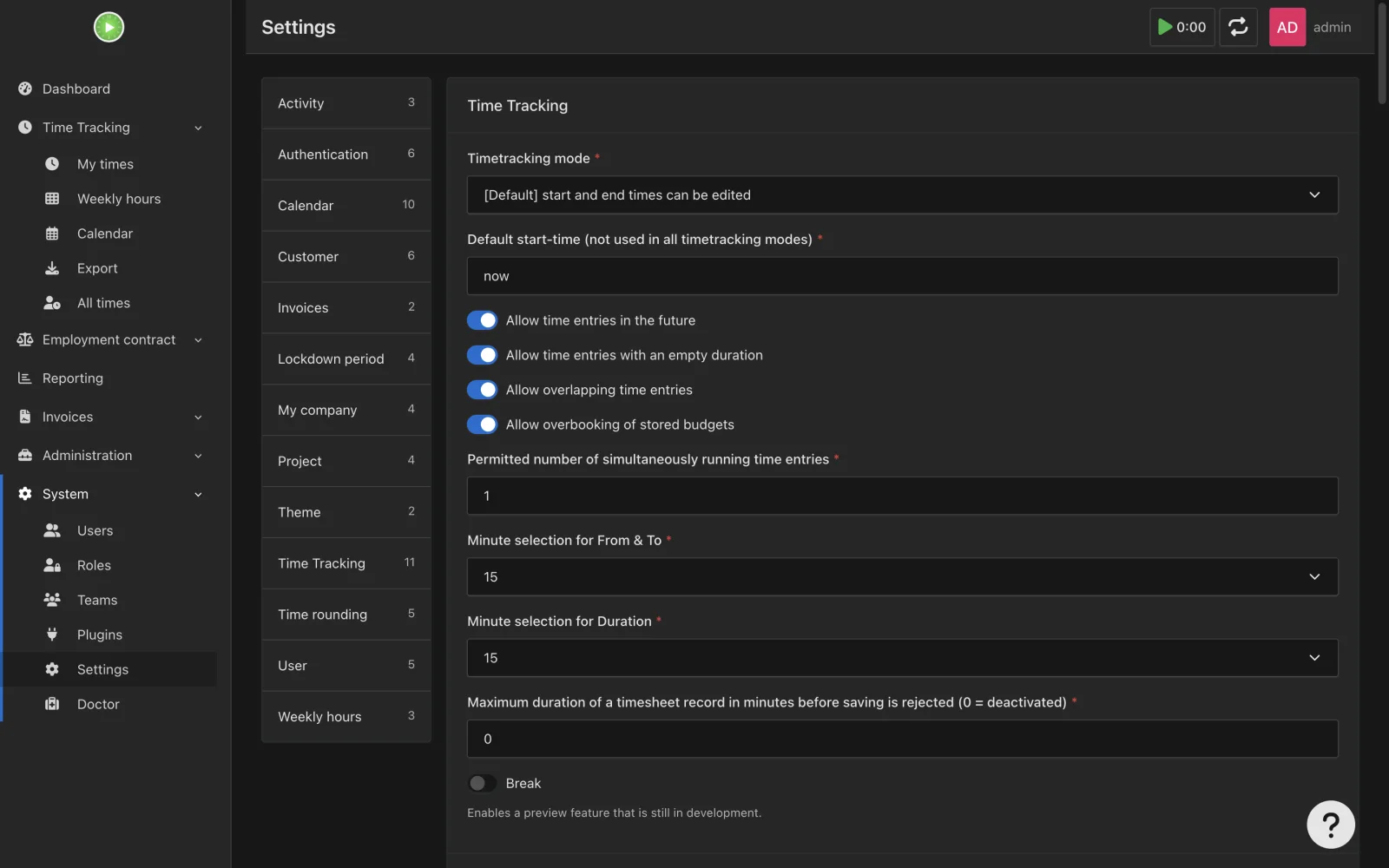 Time tracking settings