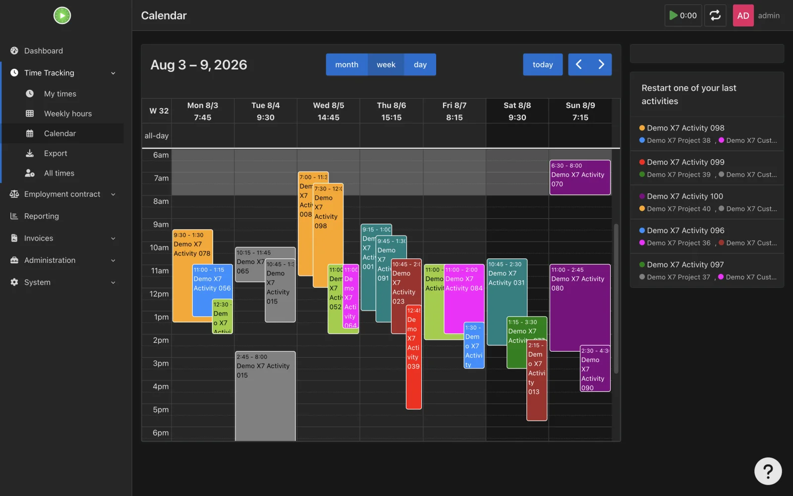 Populated weekly calendar