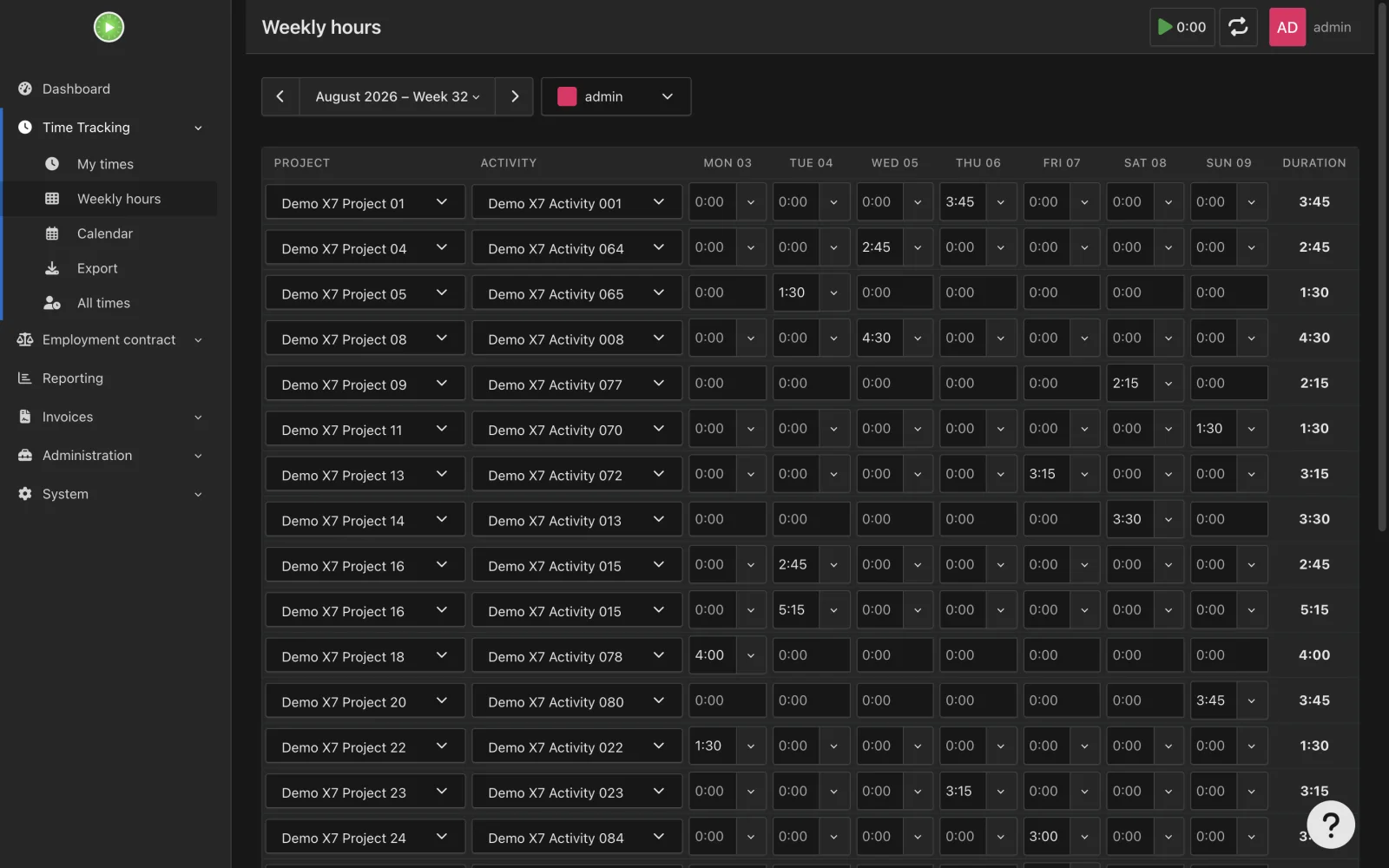 Weekly hours quick entry