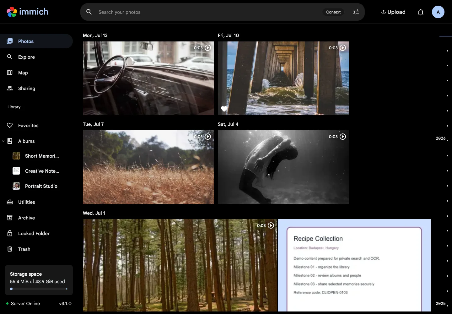 Photo and video timeline in dark mode