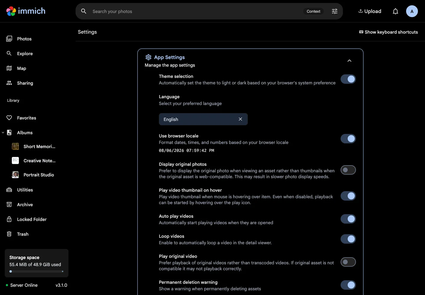 Application settings in dark mode