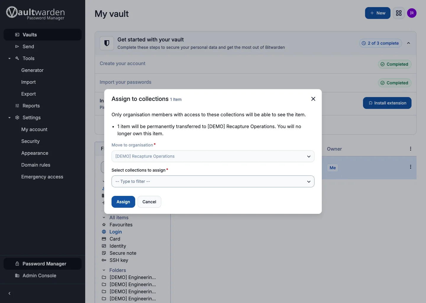 Assign to collections dialog