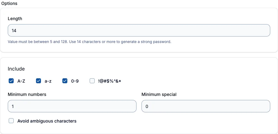 Password generator options