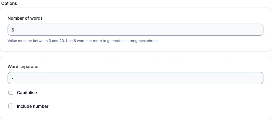 Passphrase generator options