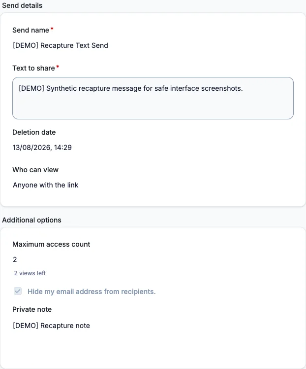 Text Send details and options
