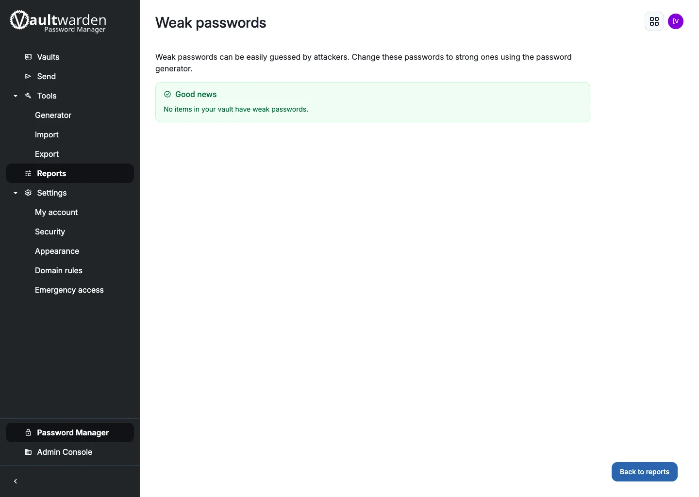 Weak passwords report