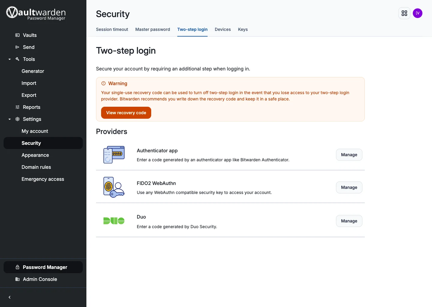 Two-step login settings