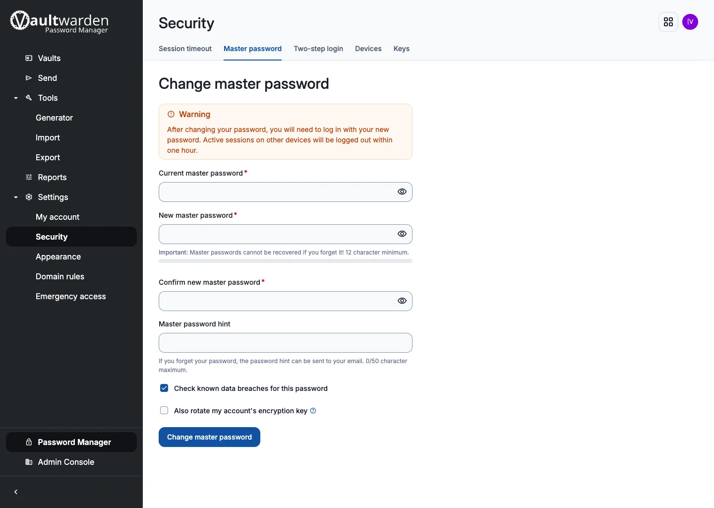 Master password security form