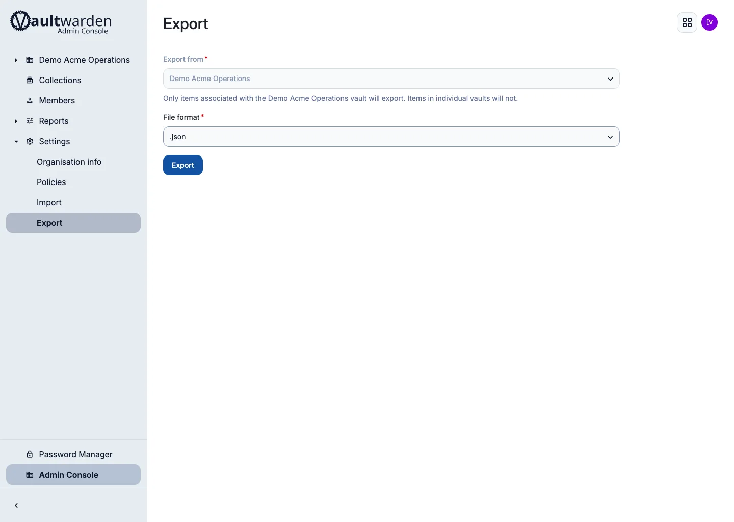 Organization export options