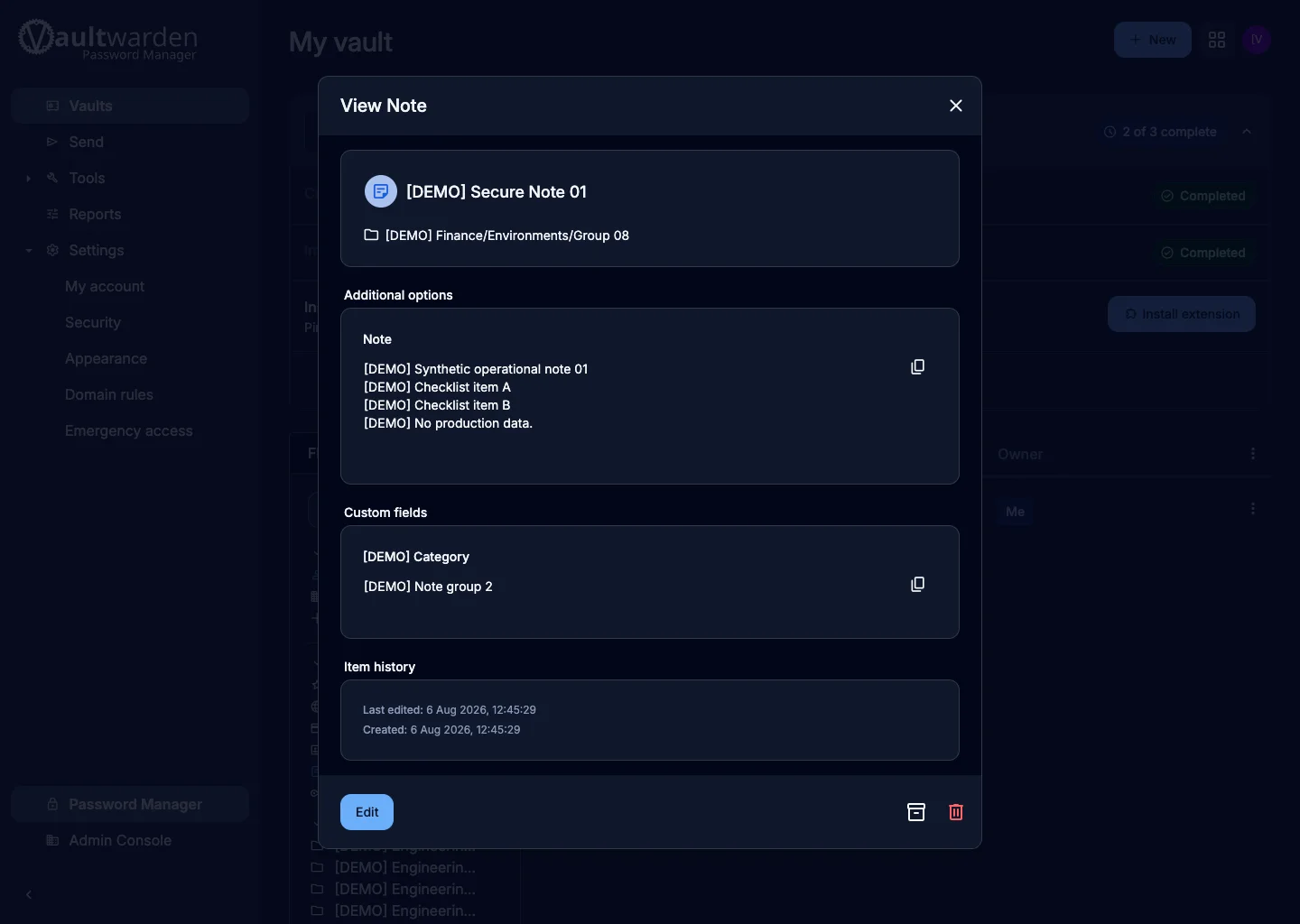 Secure note item