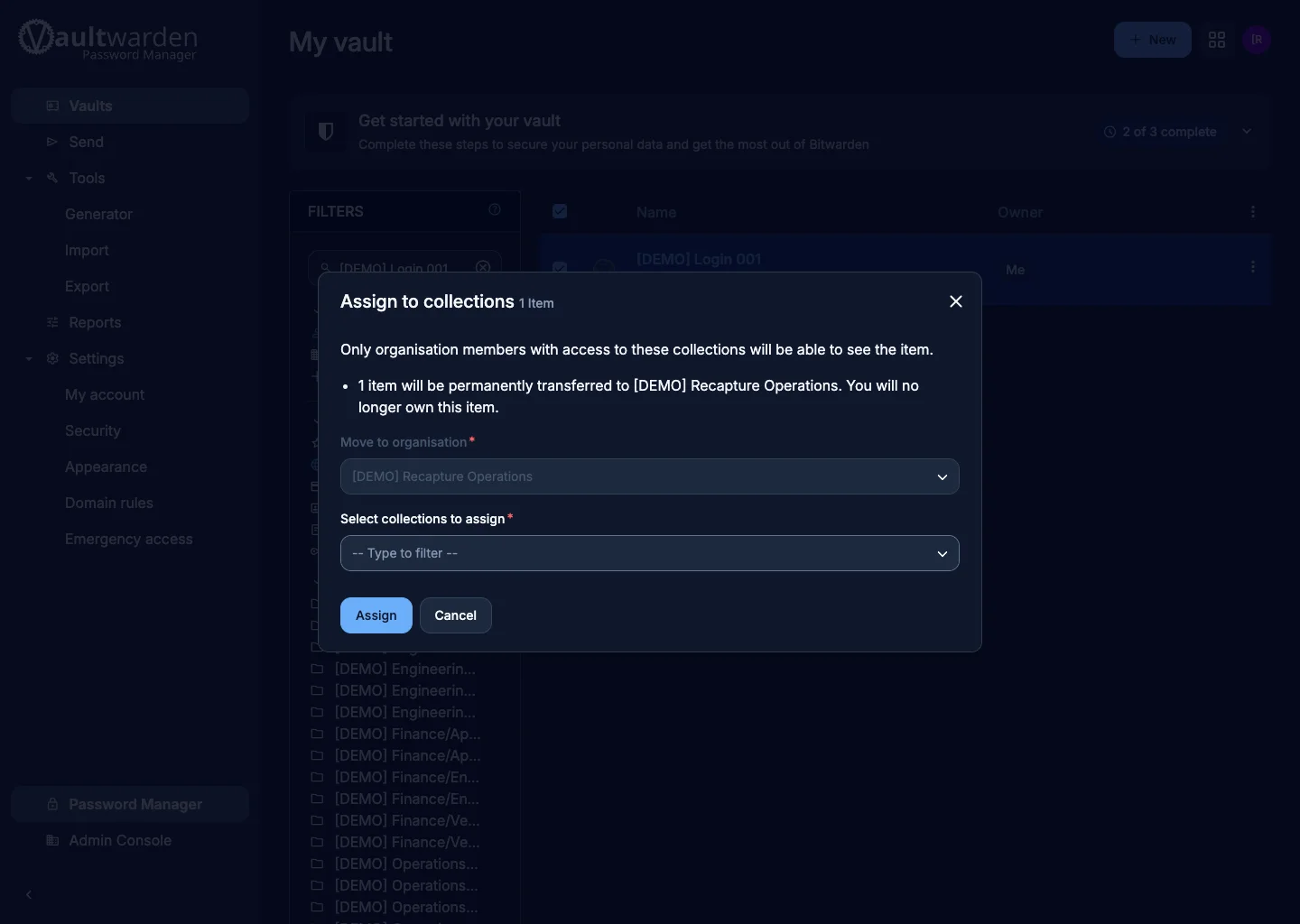 Assign to collections dialog