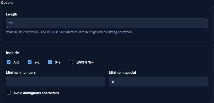 Password generator options
