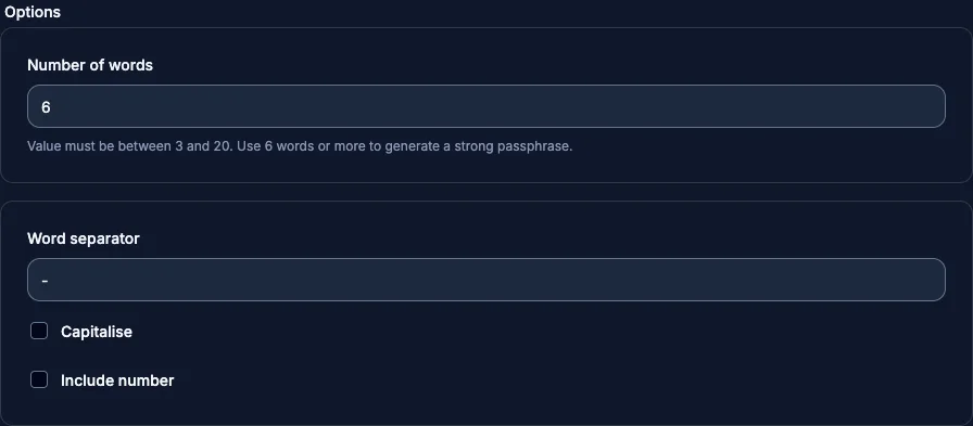Passphrase generator options
