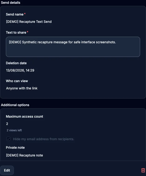 Text Send details and options