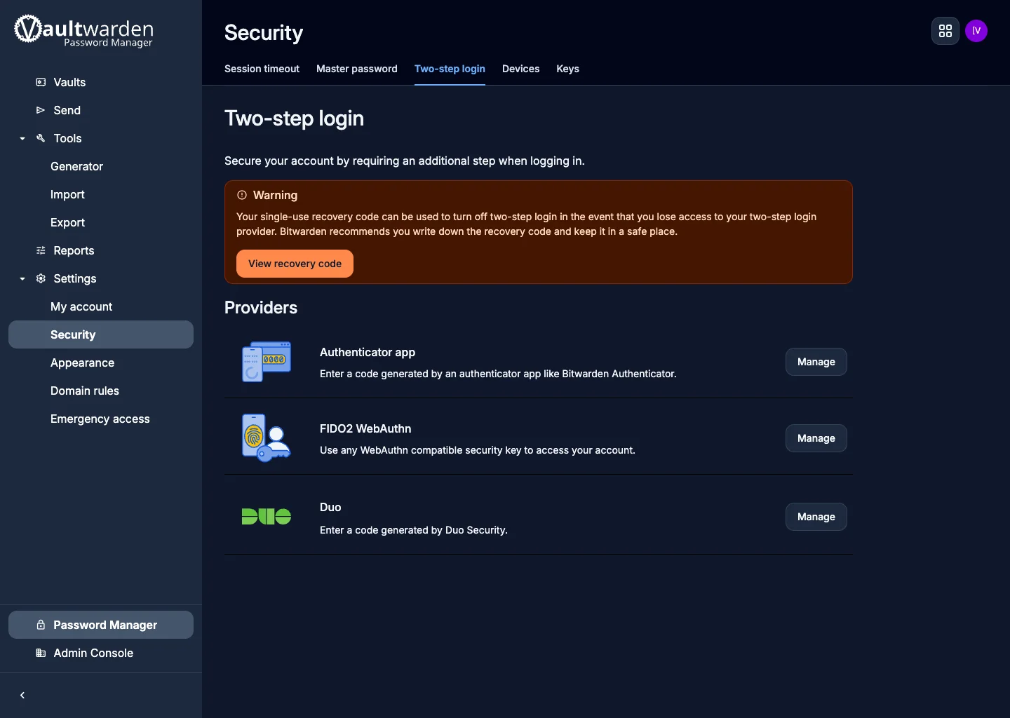 Two-step login settings