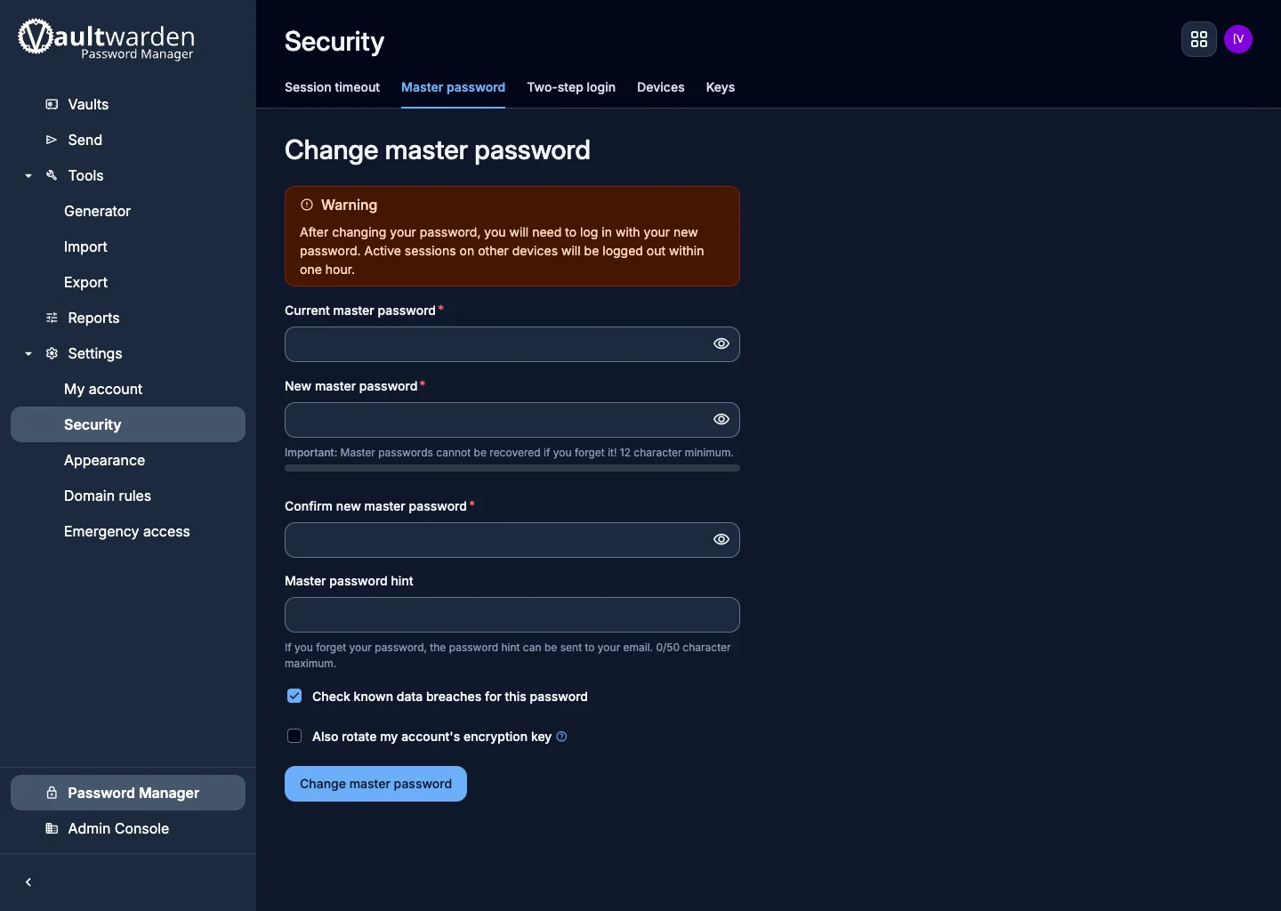 Master password security form