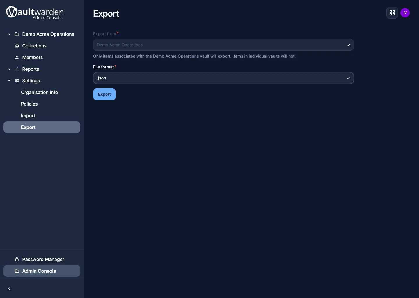 Organization export options