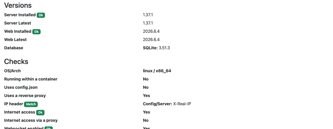 Server versions and health summary