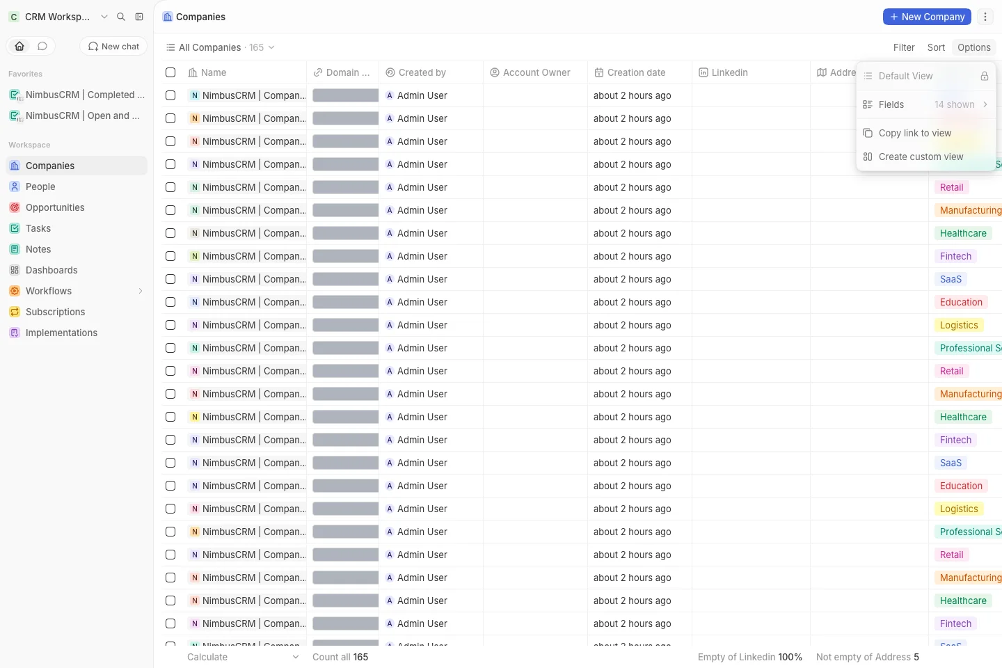 CRM Workspace - companies - fields and grouping (light)
