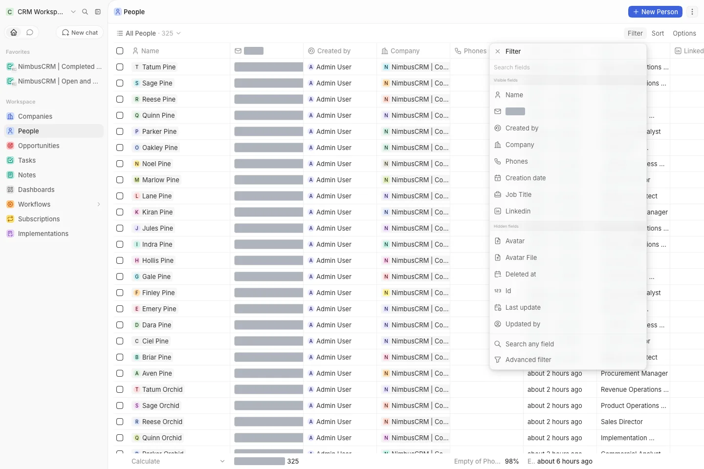 CRM Workspace - people - filter menu (light)