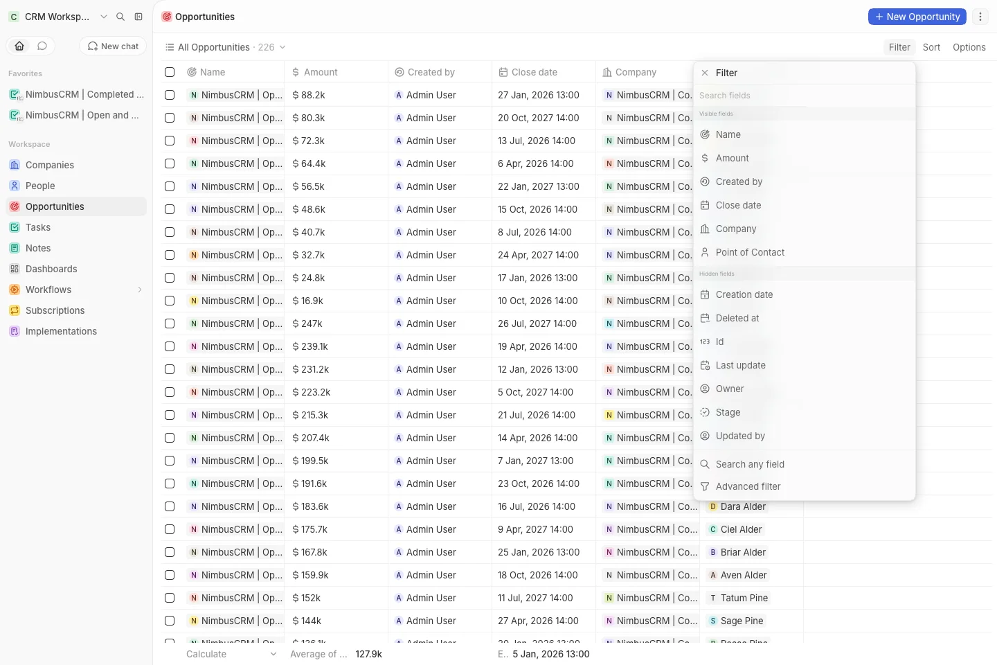 CRM Workspace - opportunities - filter menu (light)