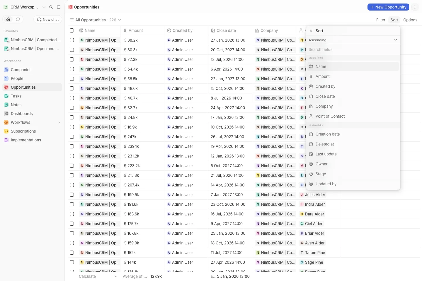 CRM Workspace - opportunities - sort menu (light)