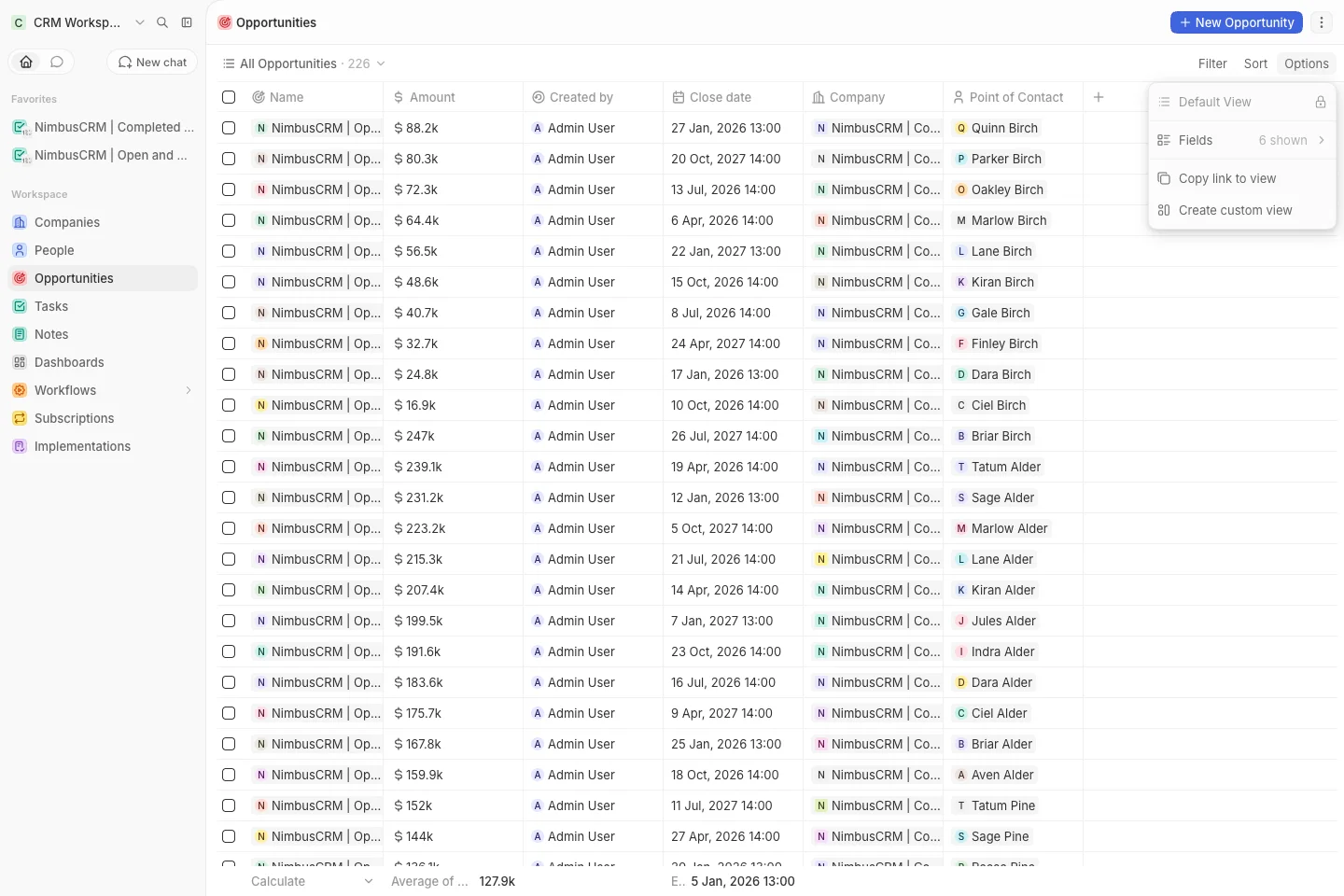 CRM Workspace - opportunities - display options (light)