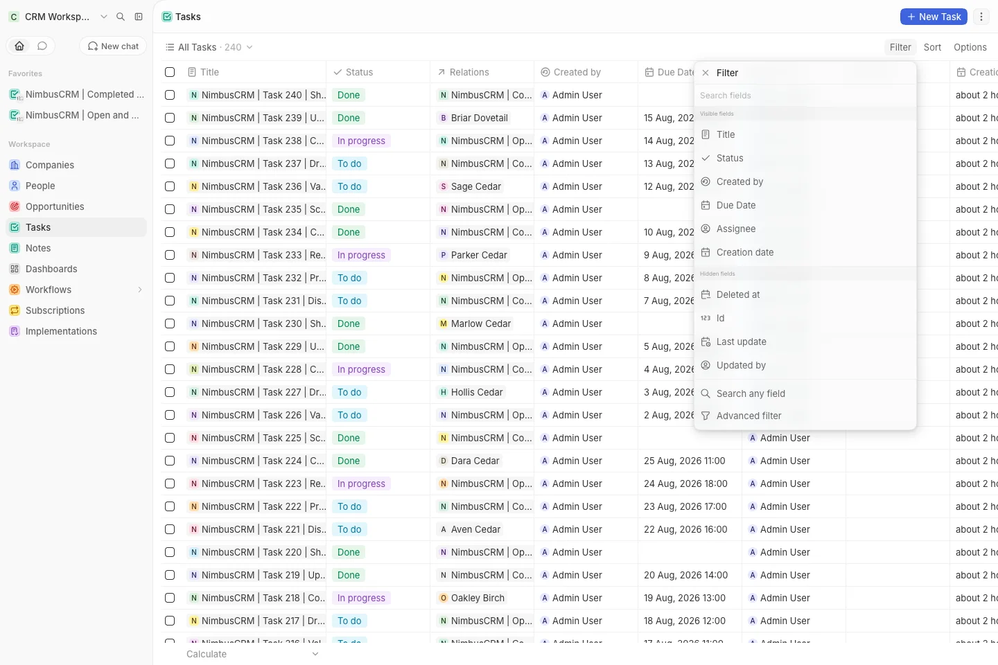 CRM Workspace - tasks - open and due filter (light)