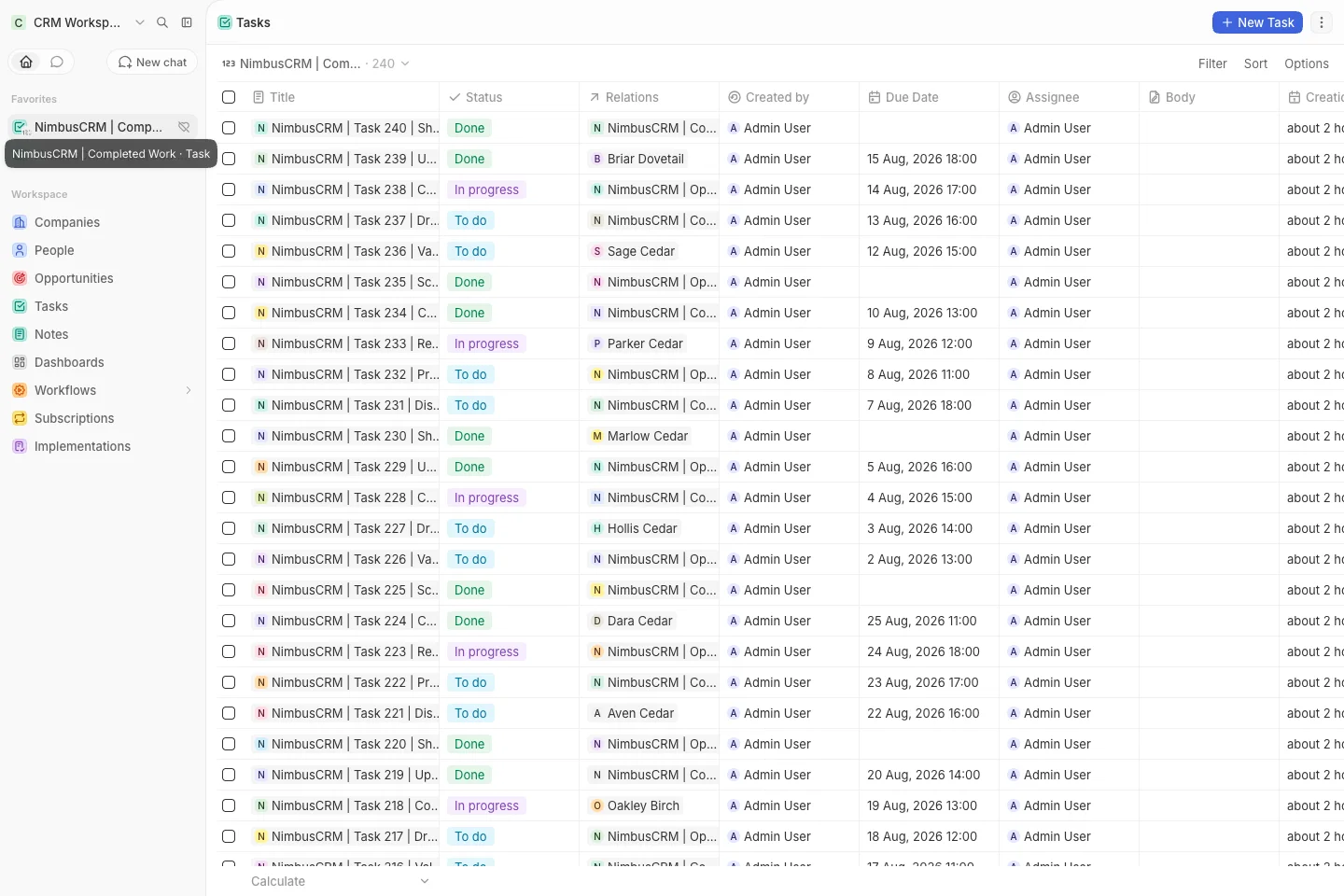 CRM Workspace - tasks - completed work (light)