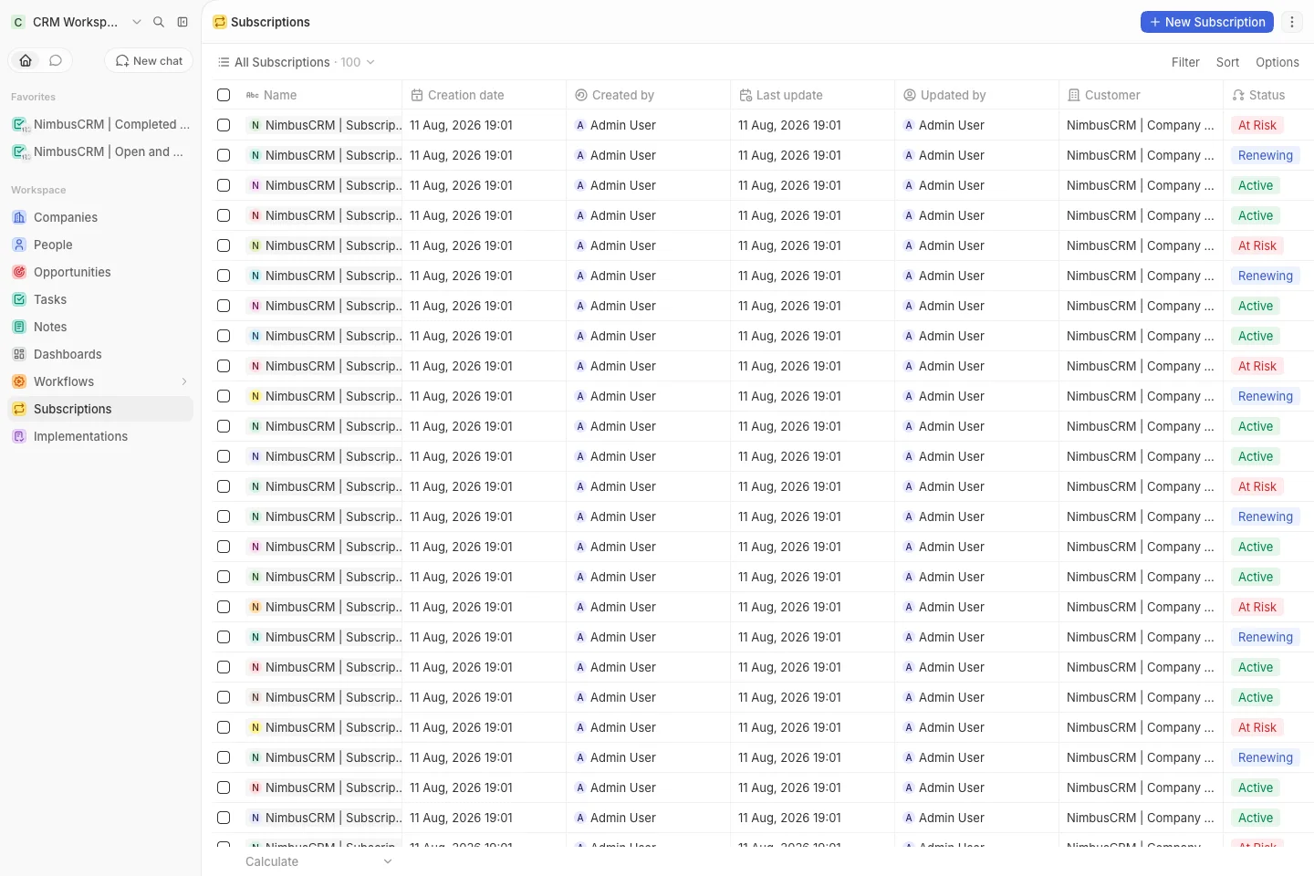 CRM Workspace - custom objects - subscriptions list (light)