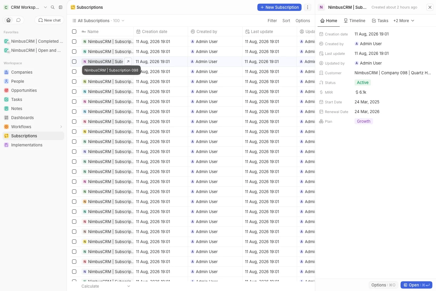 CRM Workspace - custom objects - subscription detail (light)