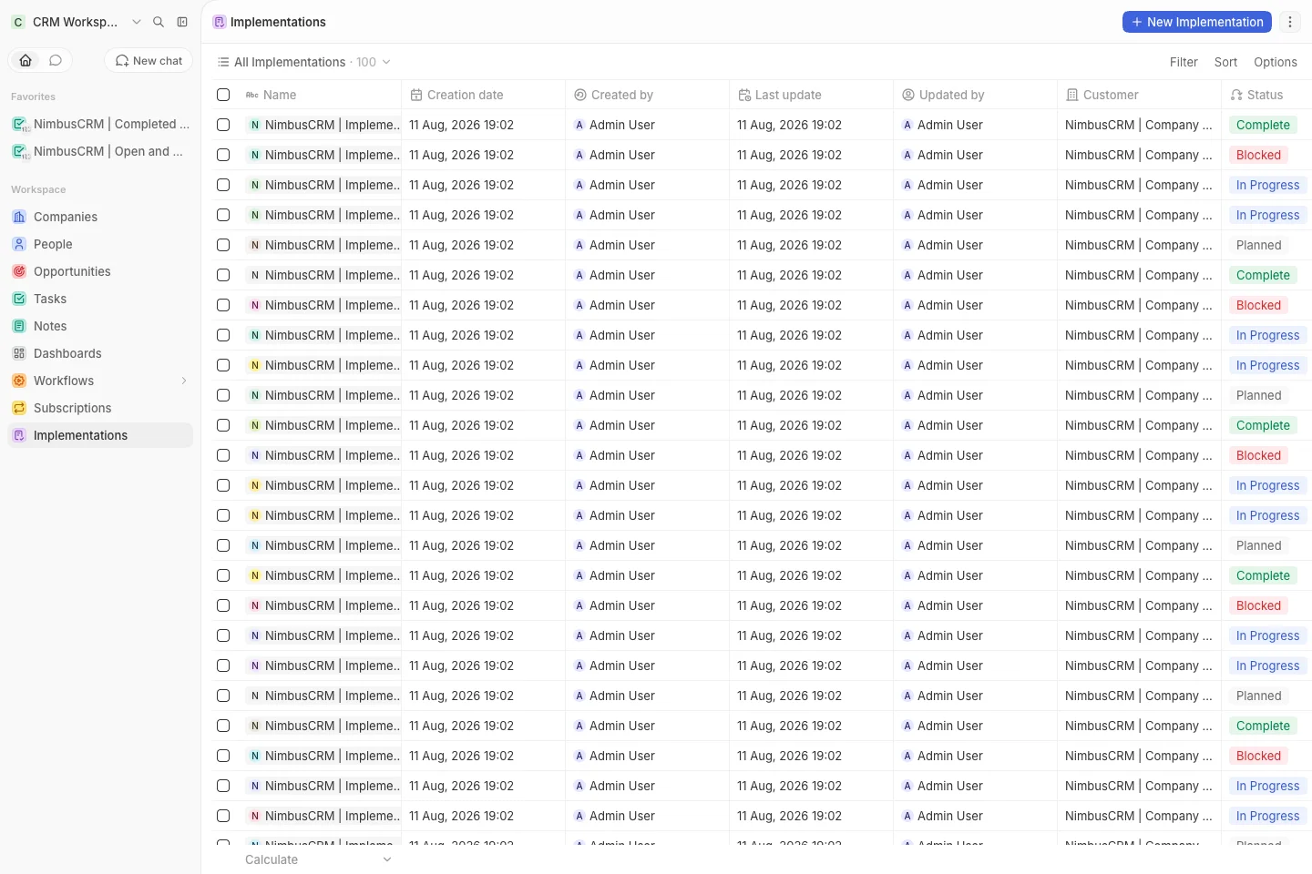 CRM Workspace - custom objects - implementations list (light)