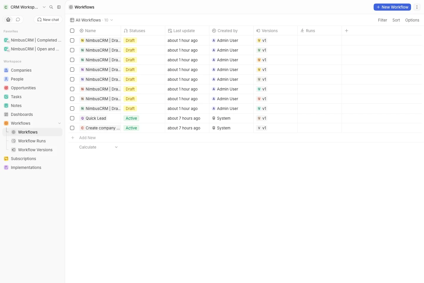 CRM Workspace - workflows - draft workflows (light)