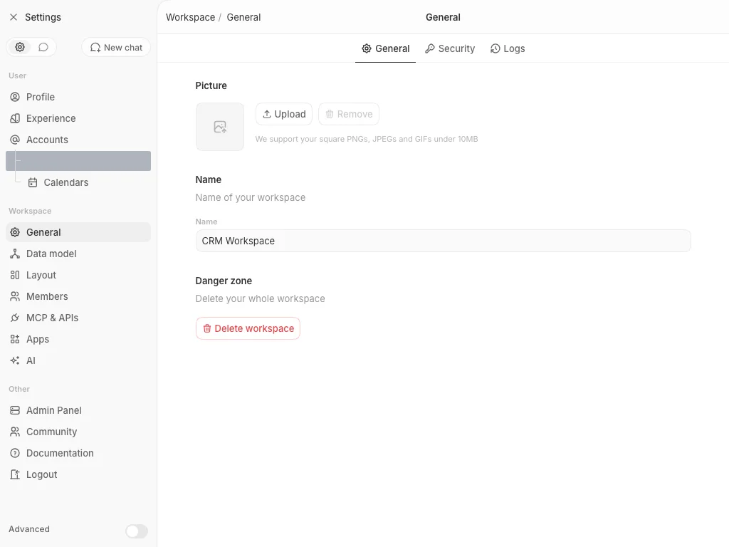 CRM Workspace - settings - safe general (light)