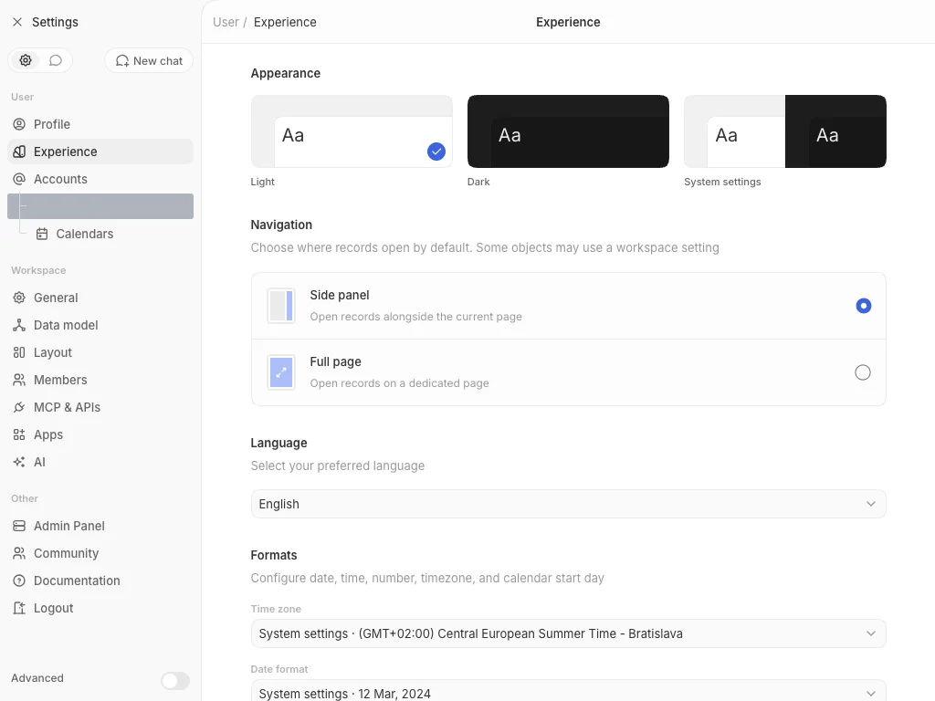CRM Workspace - settings - theme and navigation (light)