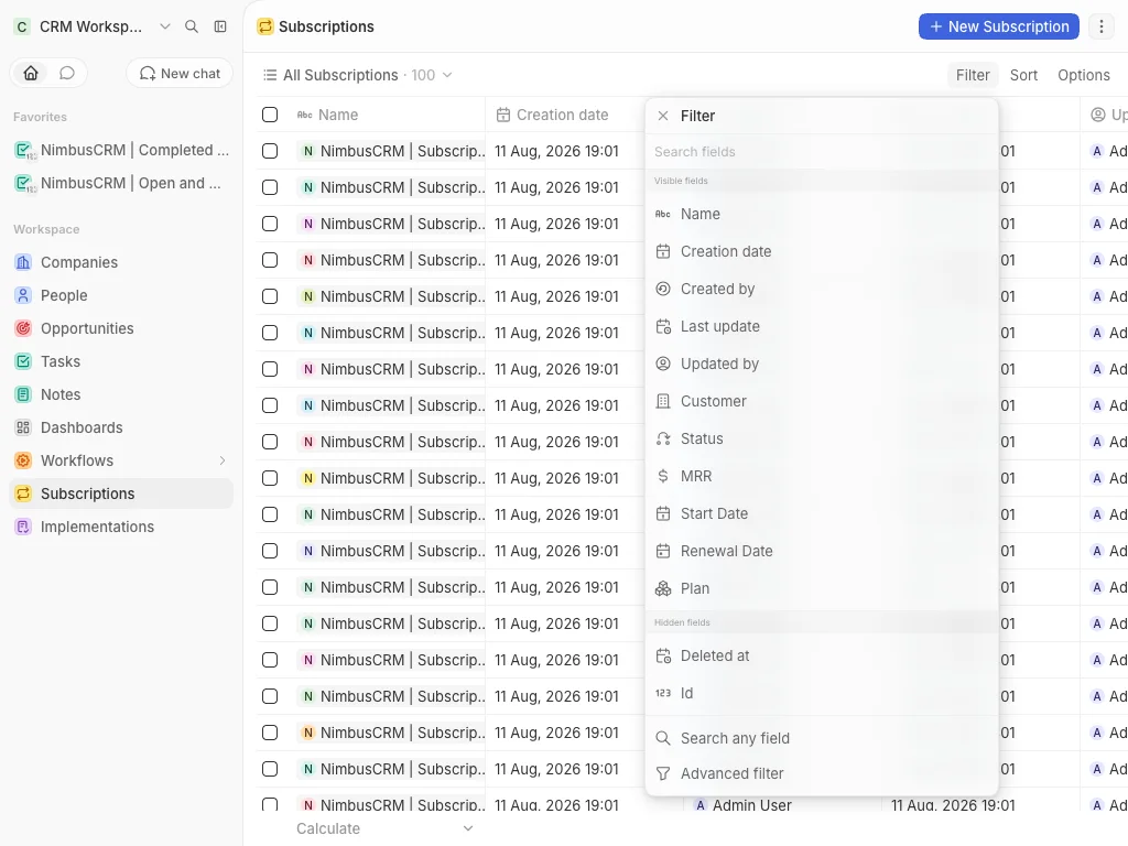 CRM Workspace - custom objects - subscription filter (light)
