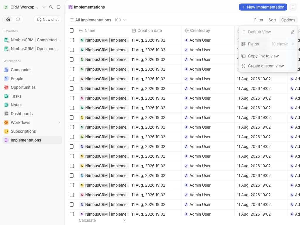 CRM Workspace - custom objects - implementation fields (light)
