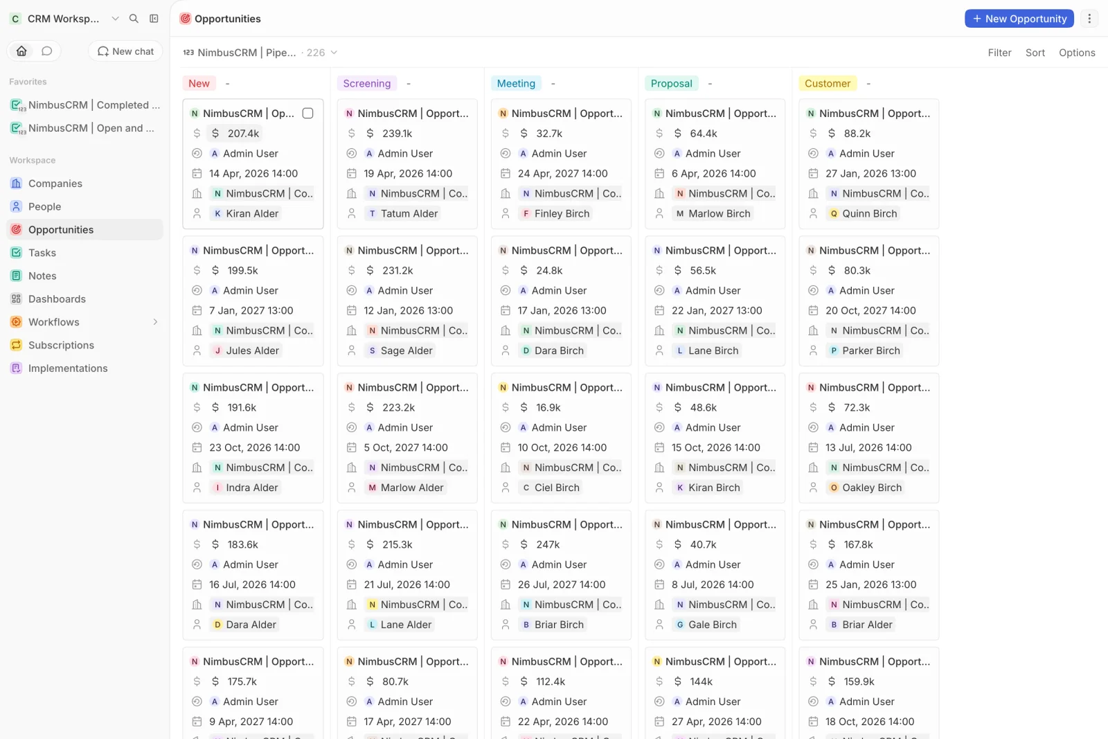 CRM Workspace - opportunities - stage columns (light)