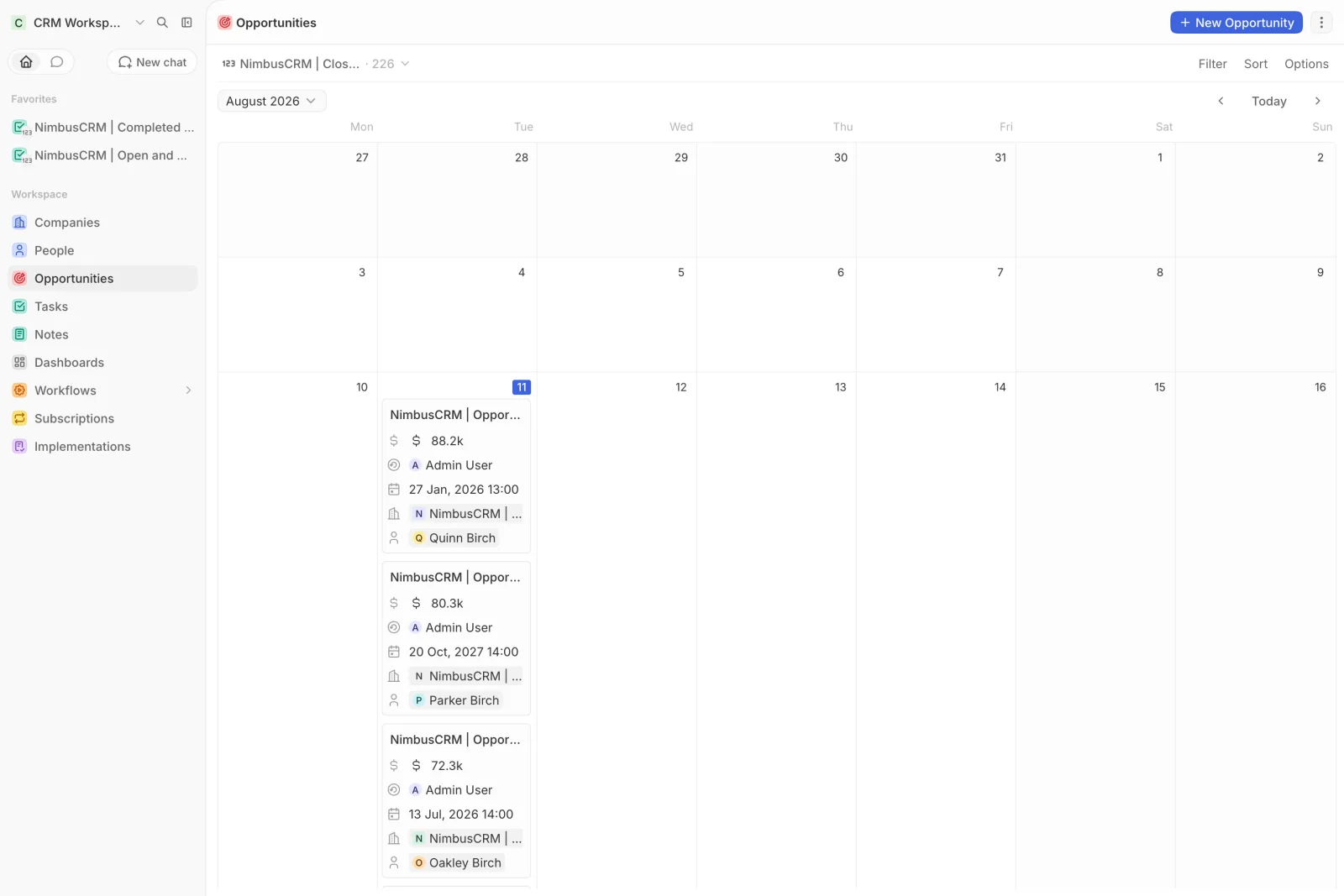 CRM Workspace - opportunities - calendar overview (light)