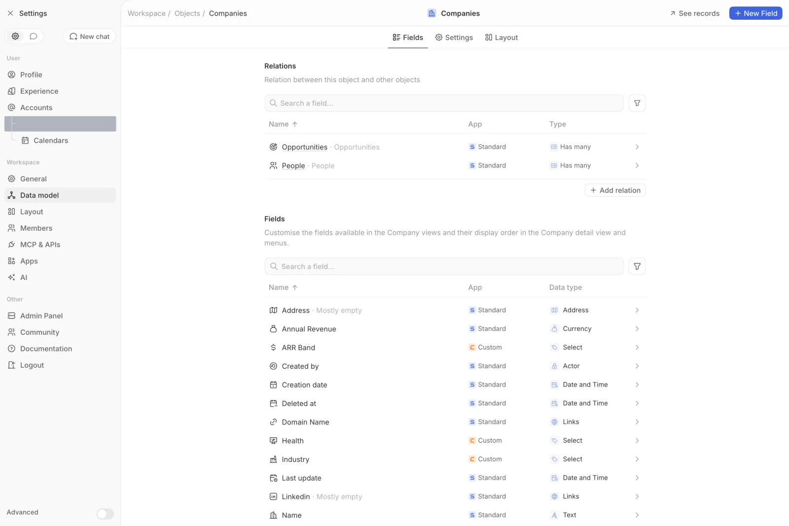 CRM Workspace - data model - field catalog (light)