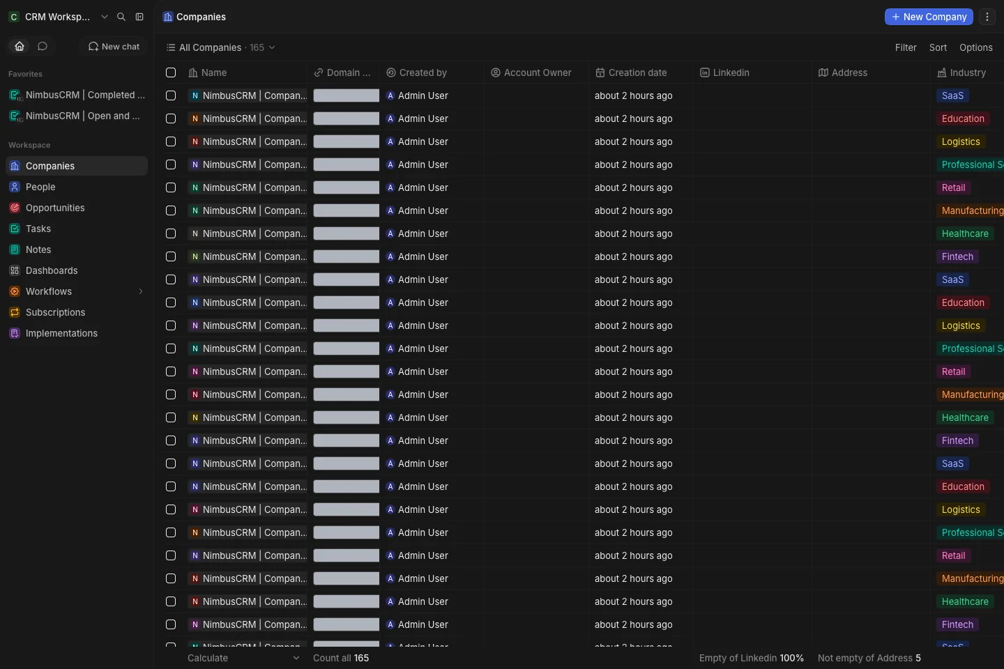 CRM Workspace - companies - all companies (dark)
