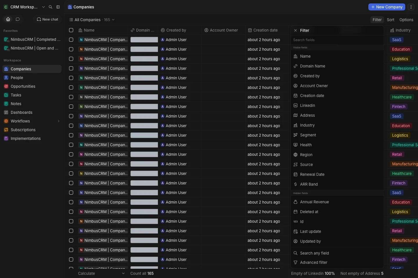 CRM Workspace - companies - filter menu (dark)
