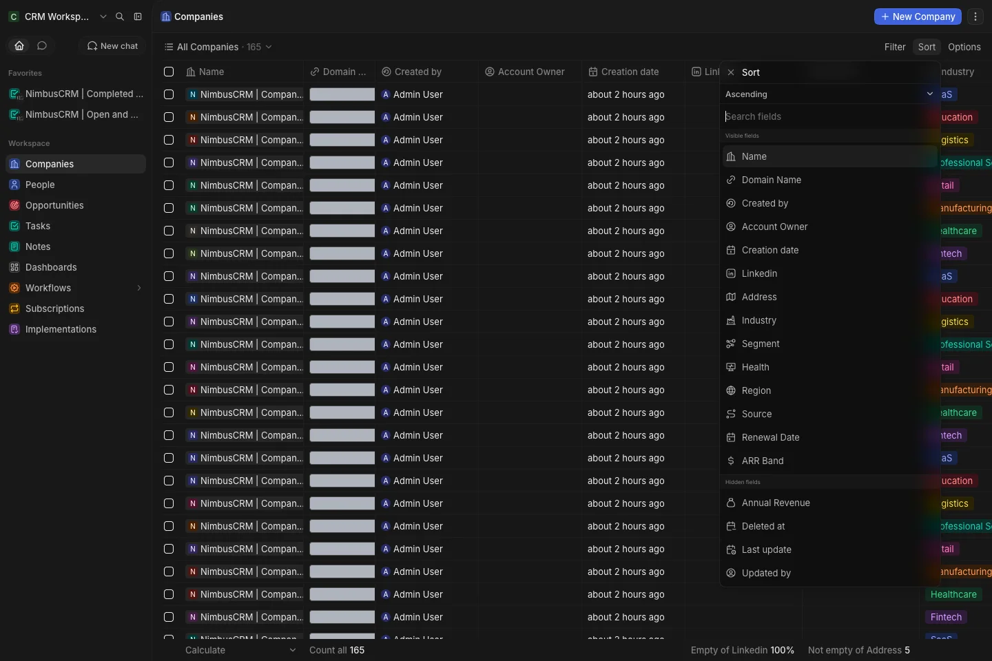 CRM Workspace - companies - sort menu (dark)