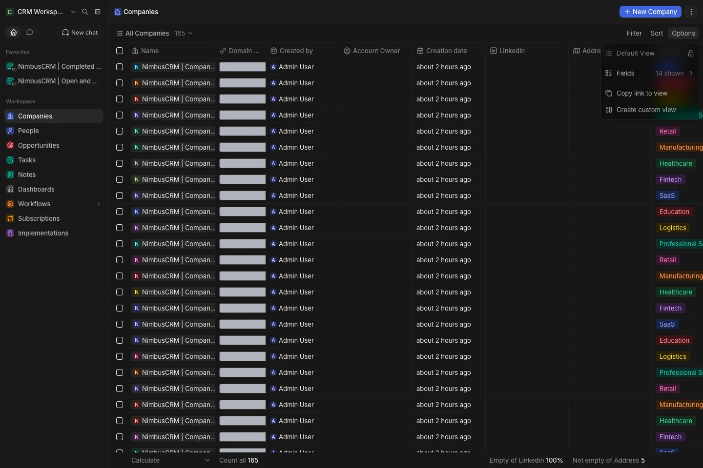 CRM Workspace - companies - fields and grouping (dark)
