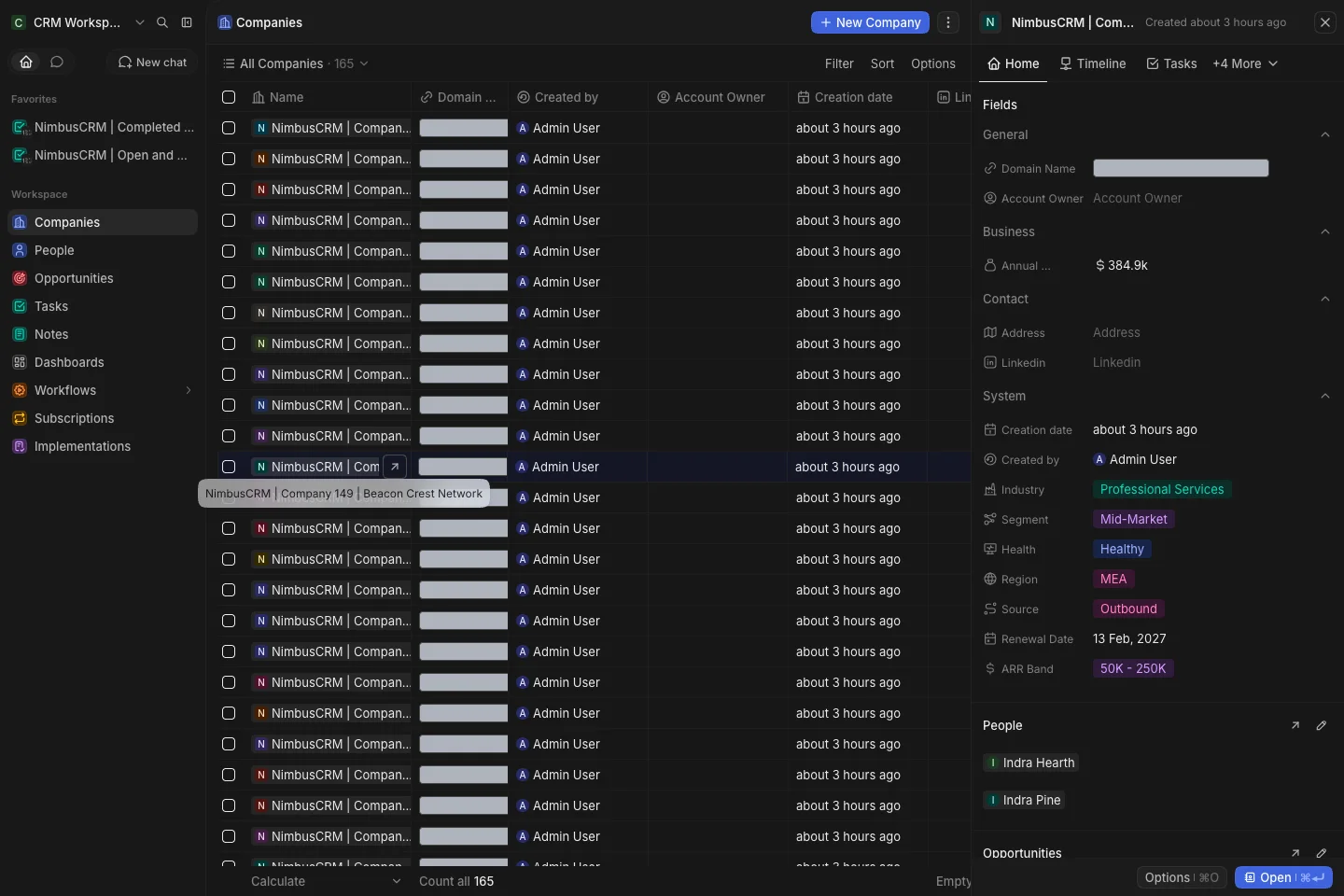 CRM Workspace - companies - custom fields (dark)