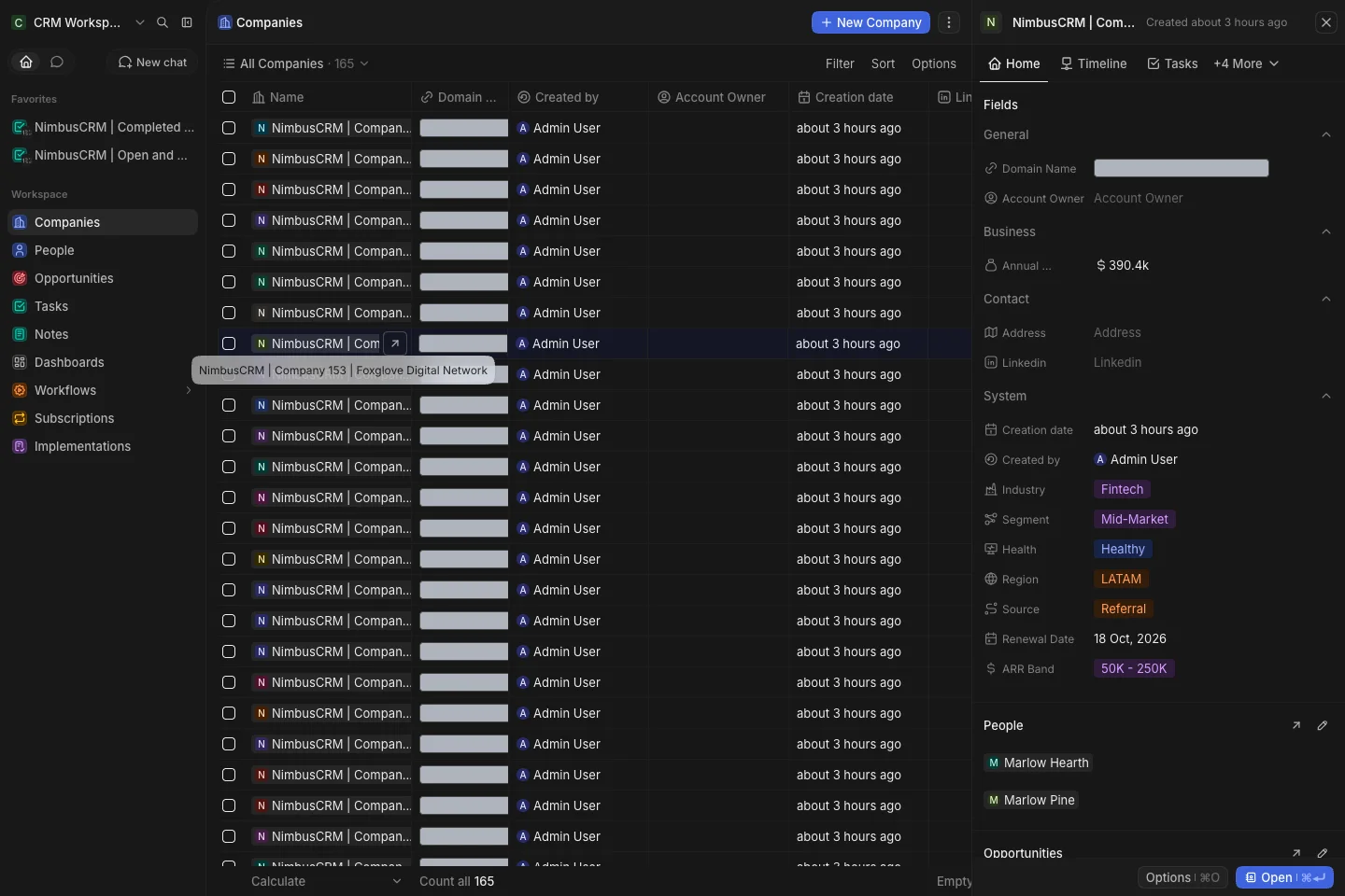 CRM Workspace - companies - account overview (dark)