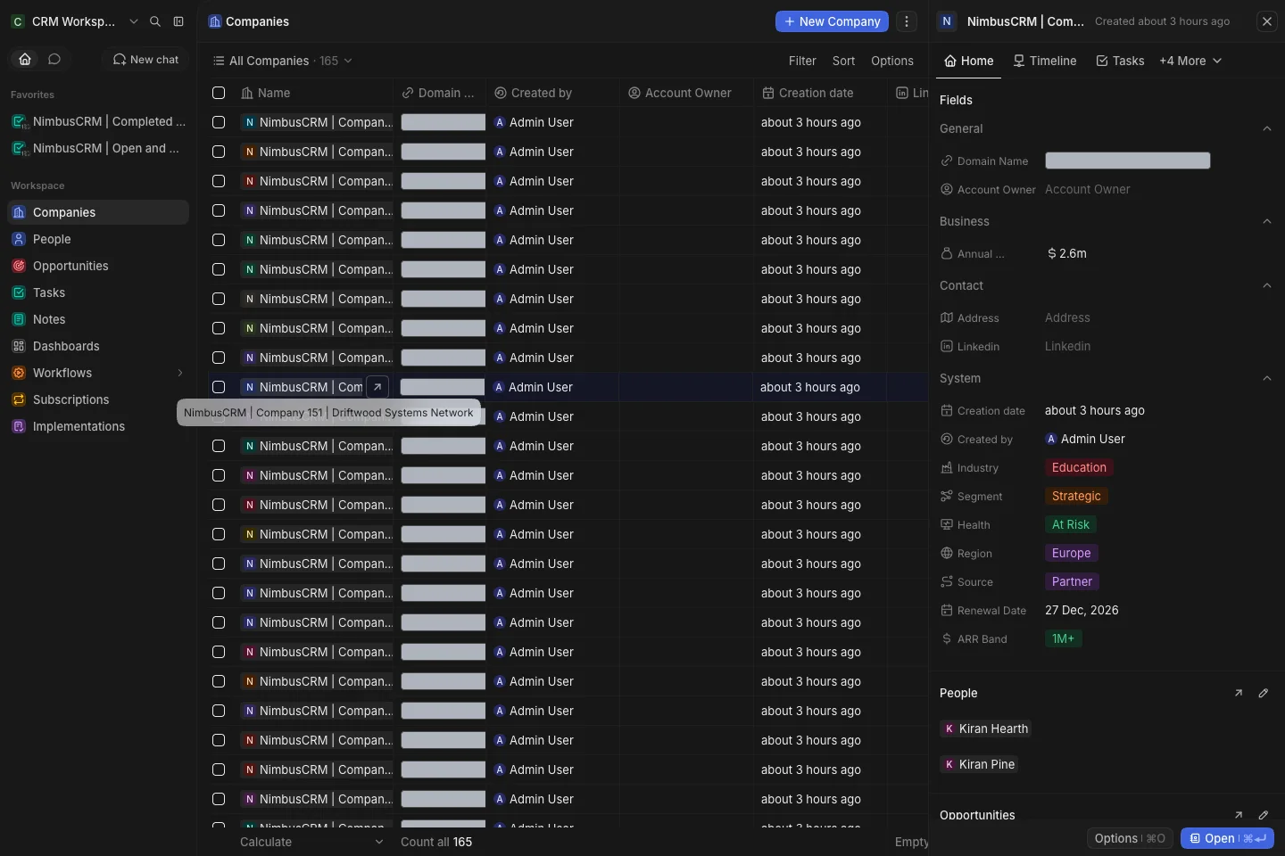 CRM Workspace - companies - relationships (dark)
