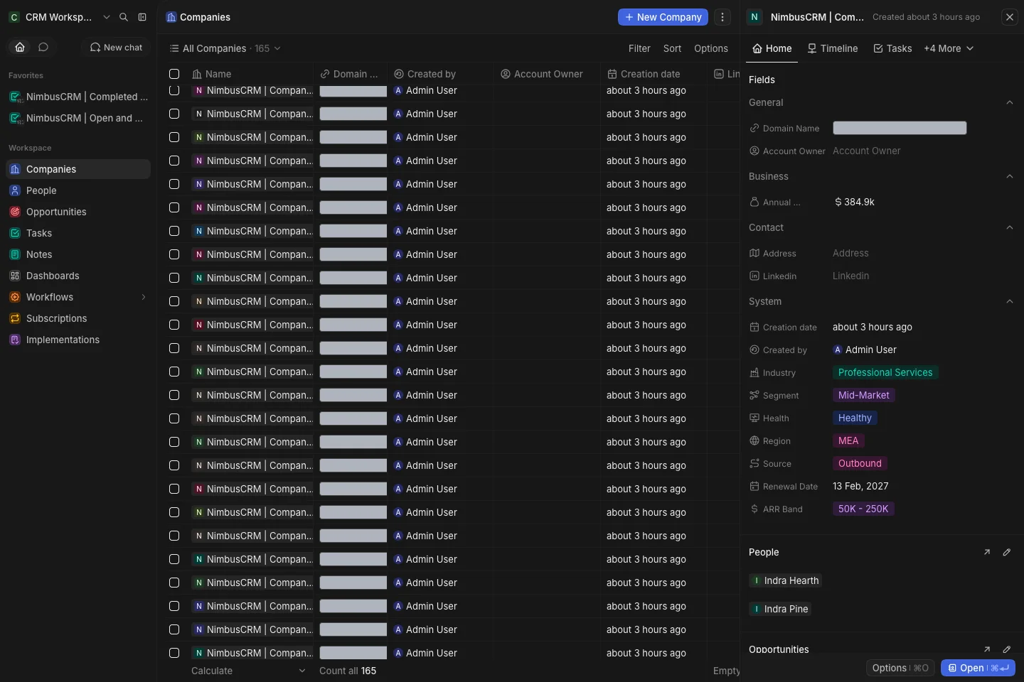 CRM Workspace - companies - timeline (dark)