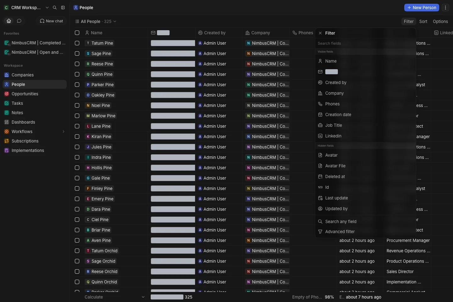 CRM Workspace - people - filter menu (dark)