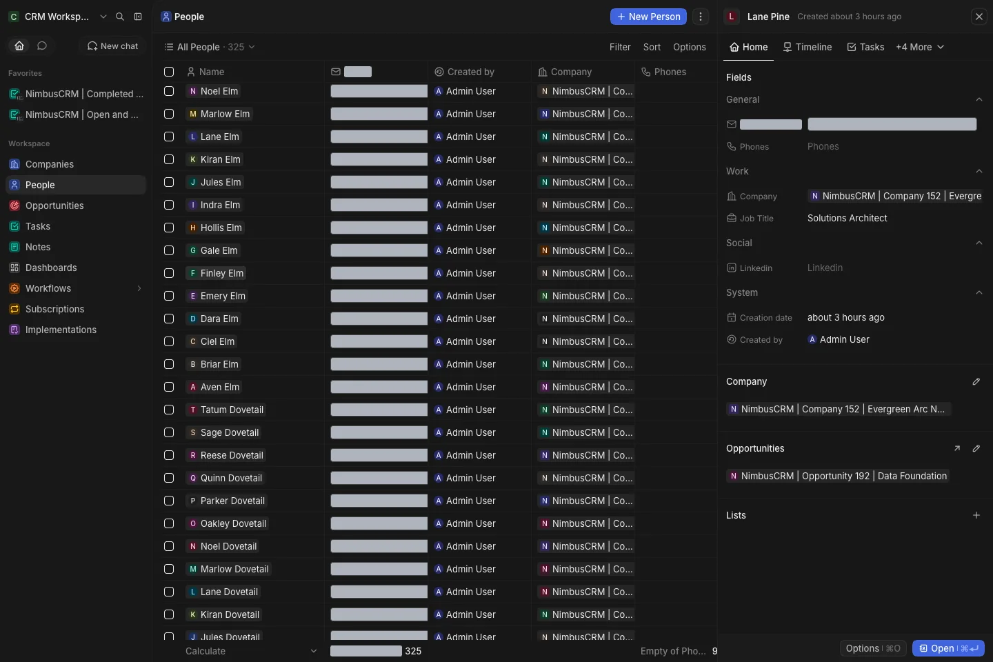 CRM Workspace - people - profile timeline (dark)